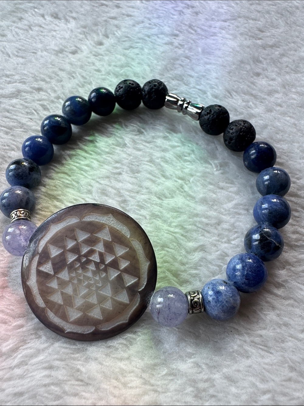 Blue Gemstone and Black Lava Bead Women's Bracelet with Carved Agate Accent